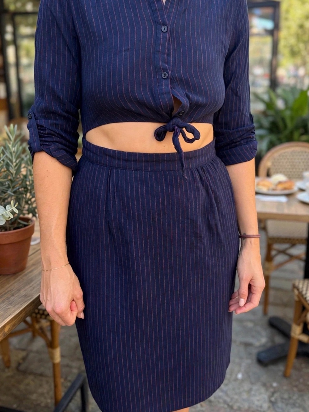 Navy and pink pinstripe cutout dress